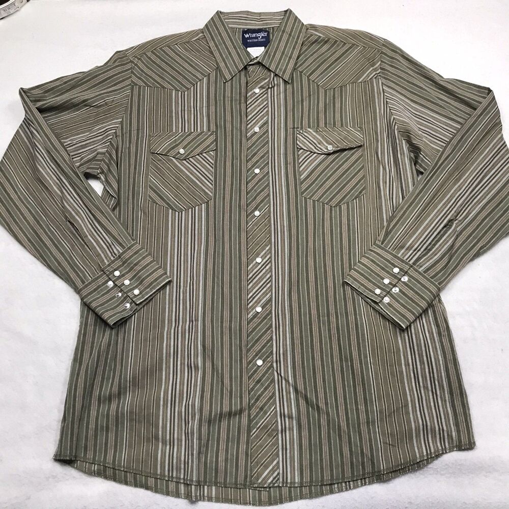 90s WRANGLER Western Shirt Men XLT Tall Green Stripe Pearl Snap Cowboy Rodeo